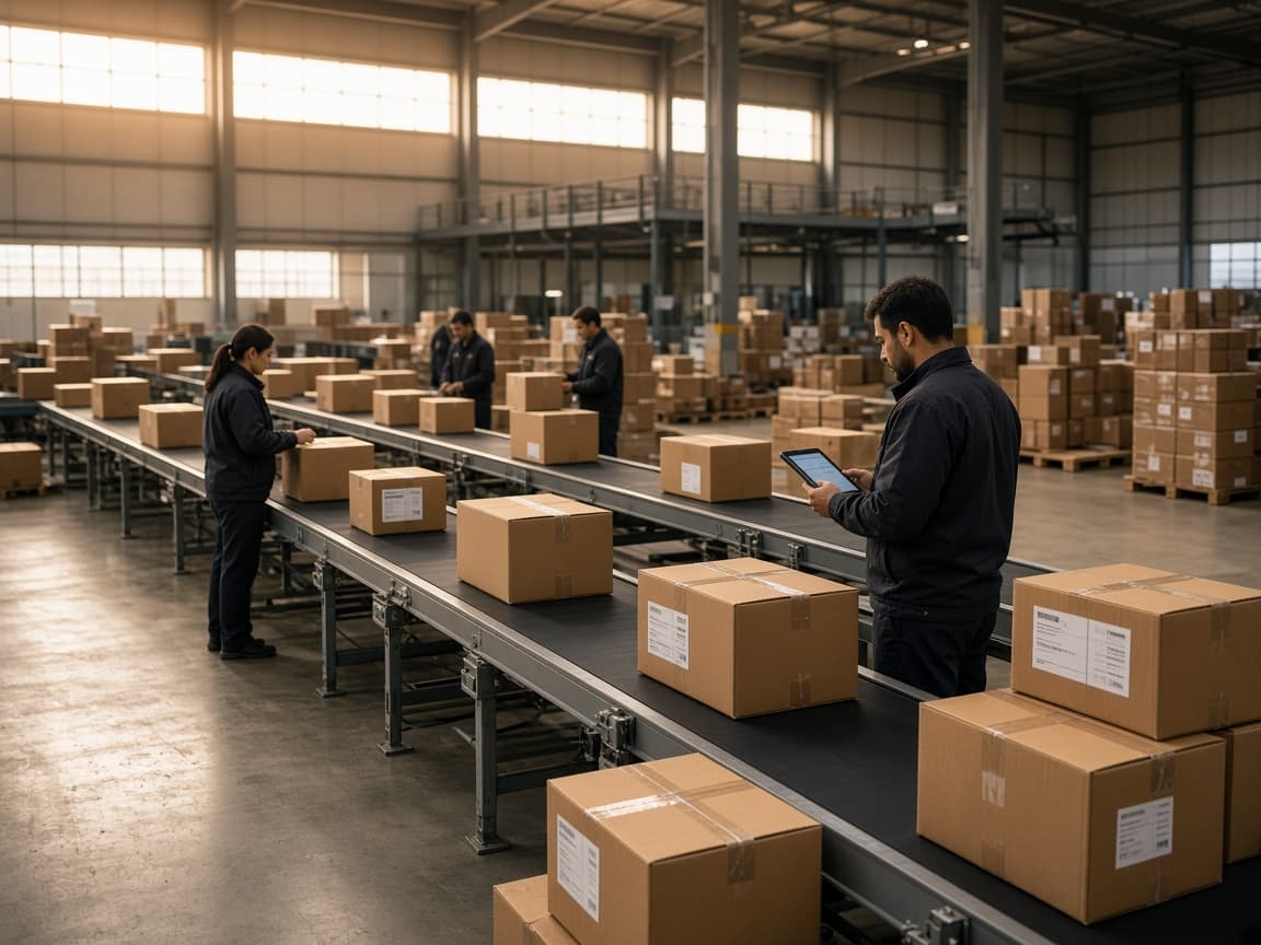 Parcels being sorted and scanned on a warehouse conveyor